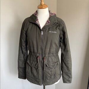 Columbia XS Olive Green Utility Jacket Hooded Plaid Lined